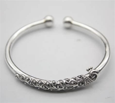 New Pure S925 Sterling Silver Bangle Cuff Women Peacock Bracelet 32 33g In Bracelets And Bangles