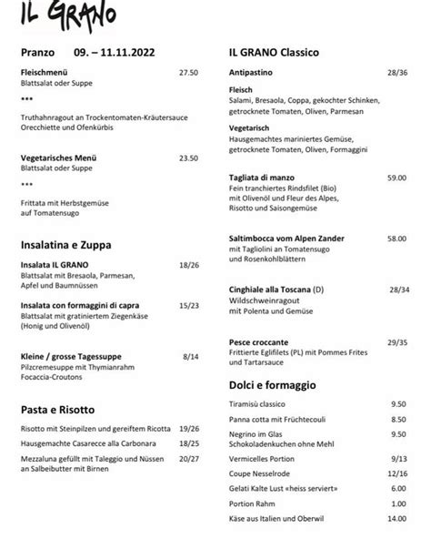 Menu da Restaurant IL GRANO Büren an der Aare Ländte 38