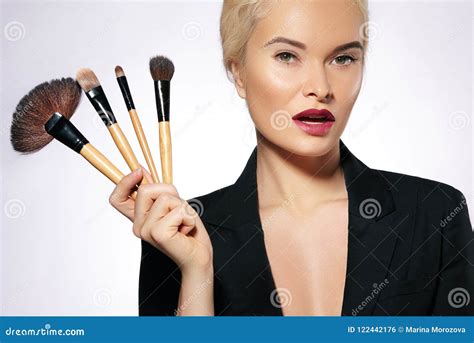 Beauty Treatment Girl With Makeup Brushes Fashion Make Up For Woman