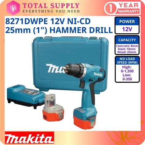 8271DWPE MAKITA 12V NI CD 25mm 1 HAMMER DRILL With Battery And