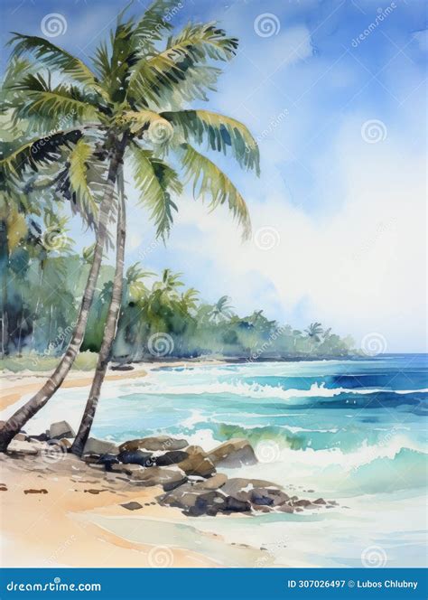 Watercolor Painting Of Palm Trees Palm Tree On The Beach With Sea