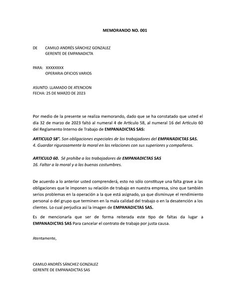 Memorandos llamado de atención a trabajador por incumplir el