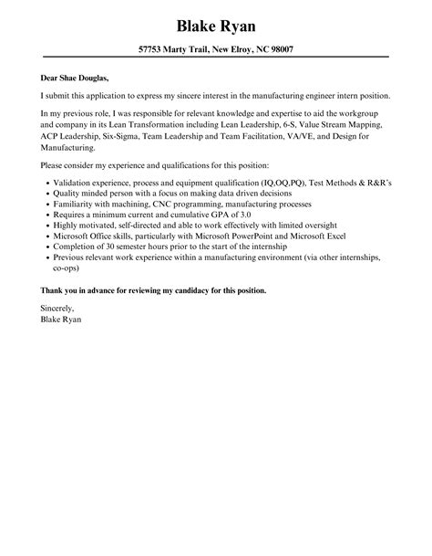 Manufacturing Engineer Intern Cover Letter Velvet Jobs