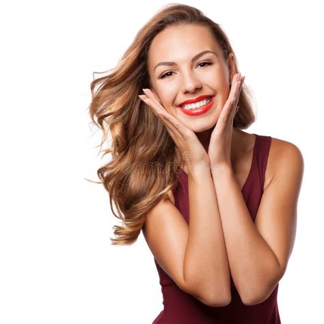 Portrait Of Beautiful Blonde Woman With Curly Hairstyle And Bright