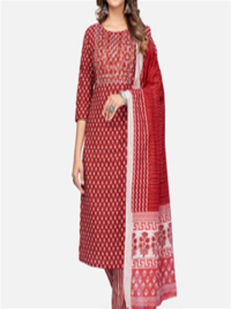 Buy Vbuyz Women Red Ethnic Motifs Printed Mirror Work Pure Cotton Kurta