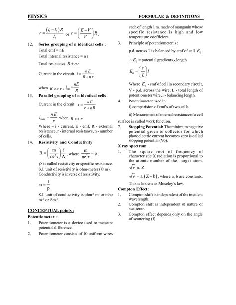 Formula Booklet Physics Class Current Electricity Pw