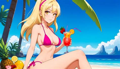 Una chica rubia de anime con un bikini sosteniendo un cóctel en las