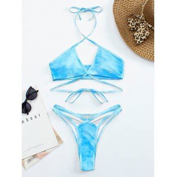 Emmiol Free Shipping Criss Cross Tie Dye Halter Bikini Set Blue S