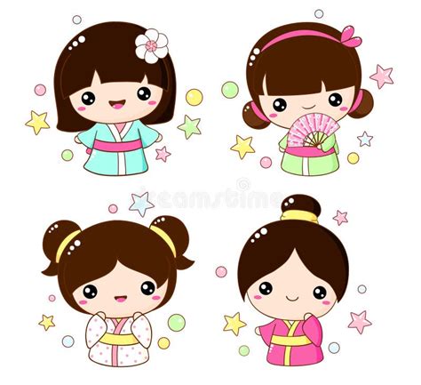 Set Of Cute Little Girls In Kawaii Style Hanami Season Collection Of