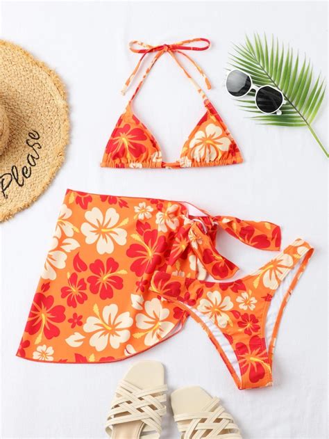 3pack Floral Micro Triangle Bikini Swimsuit Beach Skirt Beach Skirt