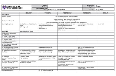 Dll Science 3 Q3 W7 Help For You Grades 1 To 12 Daily Lesson Log