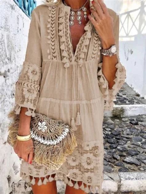 Sleeve V Neck Holiday Boho Dress Roselinlin