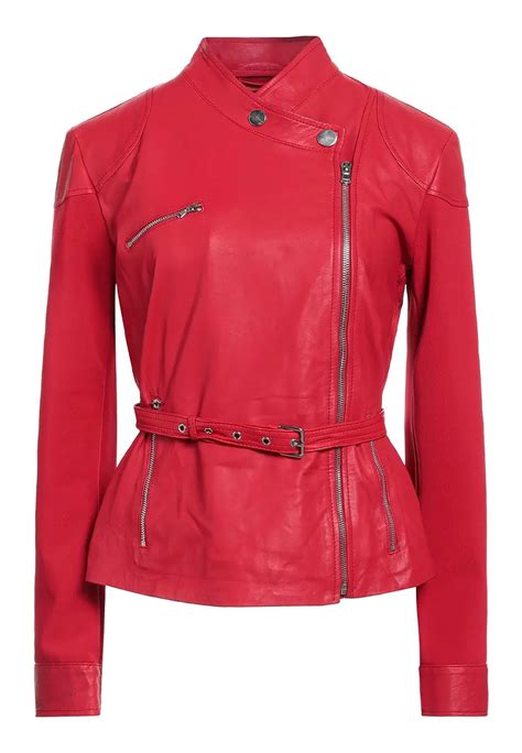 Womens Asymmetrical Red Faux Leather Belted Biker Jacket