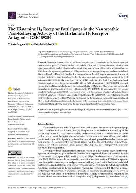 PDF The Histamine H4 Receptor Participates In The Neuropathic Pain