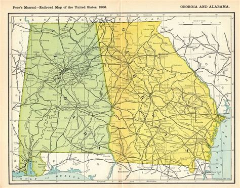 1906 Antique Georgia Alabama Railroad Map Vintage Railway Map 10013