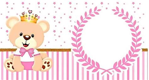 A Teddy Bear With A Crown Sitting On Top Of A Pink And White Striped Wall