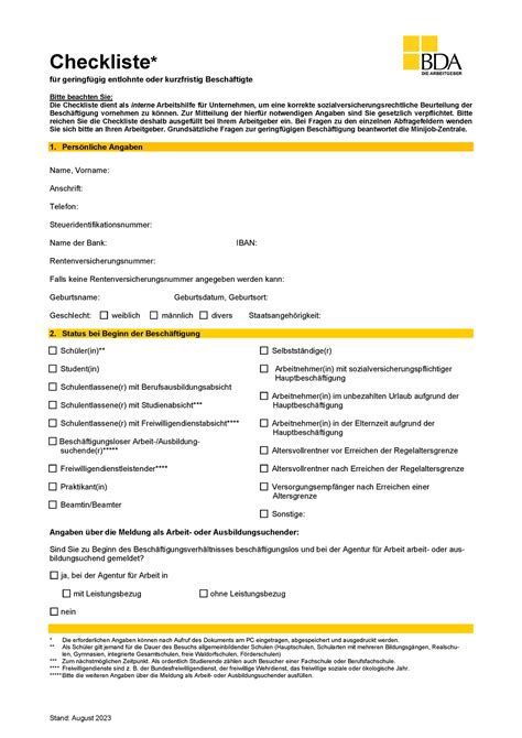 Checkliste Bda Personalfragebogen Checkliste F R Geringf Gig