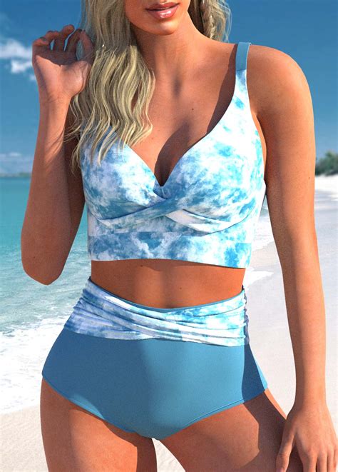 Dusty Blue Tie Dye Print Criss Cross Bikini Top Rosewe USD 19 98