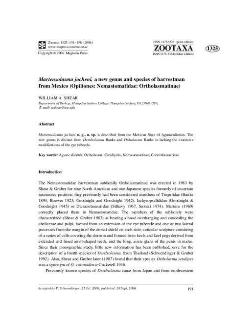 (PDF) Martensolasma jocheni, a new genus and species of harvestman from Mexico (Opiliones ...