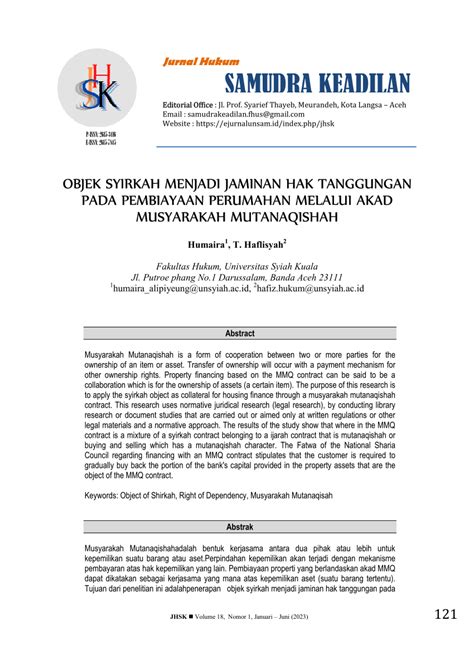 PDF OBJEK SYIRKAH MENJADI JAMINAN HAK TANGGUNGAN PADA PEMBIAYAAN