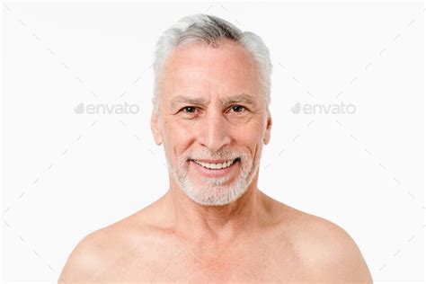 Closeup Caucasian Naked Shirtless Elderly Senior Man With Grey Hair And