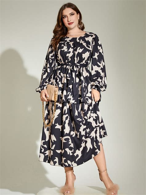 SHEIN Modely Plus Allover Print Lantern Sleeve Belted Dress SHEIN UK