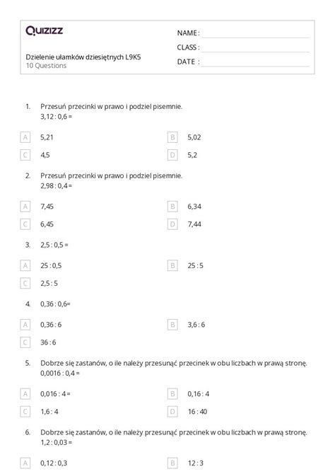 Ponad 50 Dzielenie ułamków arkuszy roboczych dla Klasa 5 w Quizizz