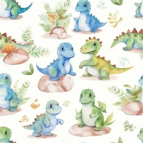 Acuarela De Patrones Sin Fisuras Con Lindos Dinosaurios Sobre Un Fondo