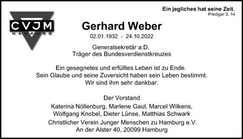 Traueranzeigen Von Gerhard Weber HamburgerTRAUER De