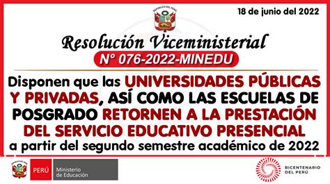 Rvm N° 076 2022 Minedu Universidades RetornarÁn Al Servicio Educativo