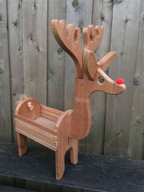 Vintage Reindeer Deer Box Basket Planter Wood Rudolph Santa Tree Card Holder Sleigh Holiday