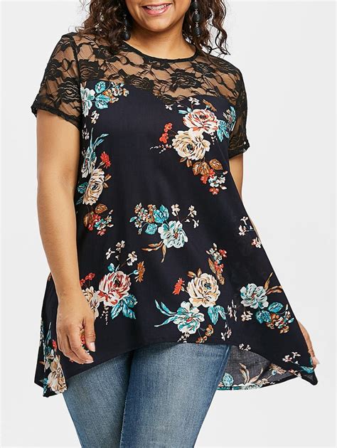 Lace Insert Plus Size Flowered Blouse Plus Size Outfits Plus Size