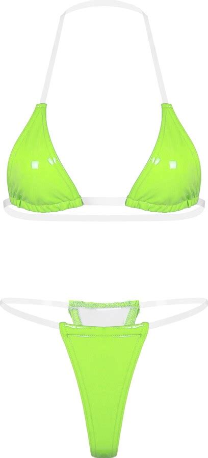Choomomo Womens Micro Bikini Set Shiny Metallic Transparent Strap Bra