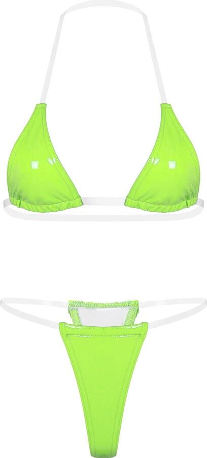 Choomomo Womens Micro Bikini Set Shiny Metallic Transparent Strap Bra