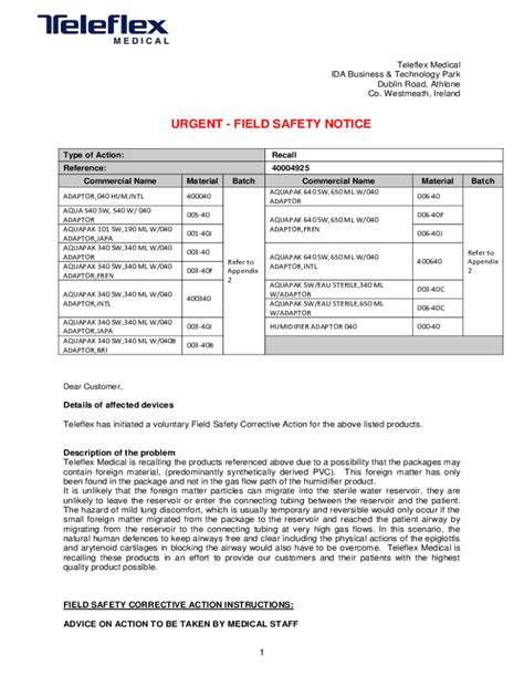 Fillable Online Urgent Field Safety Notice Health Sciences