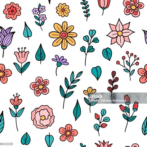 Ilustración De Patrón De Flores Y Hojas Dibujadas A Mano Ilustración Vectorial Y Más Vectores