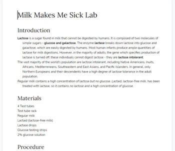 Milk Makes Me Sick Lab Lactase Lab Biochemistry Or Chemistry