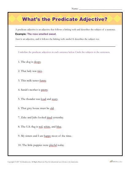 Predicate Adjective Worksheets With Answers