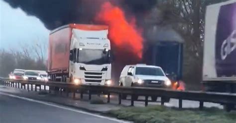 A1m Motorway Closed In Both Directions After Lorry Bursts Into Flames