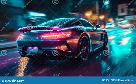 Sports Car on Neon Highway. Powerful Acceleration of a Supercar on a ...