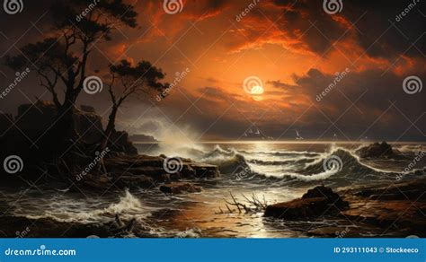 Seascape Painting with Storm Clouds and Waves Stock Illustration ...