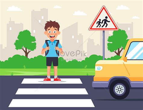 A schoolboy crosses the road on a zebra crossing cartoon illustration ...