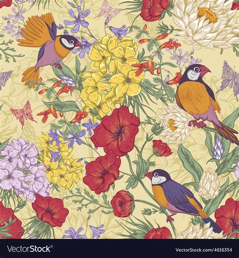 Retro Summer Seamless Floral Pattern With Birds Vector Image