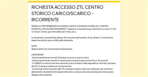 Richiesta Accesso Ztl Centro Storico Carico Scarico Ricorrente