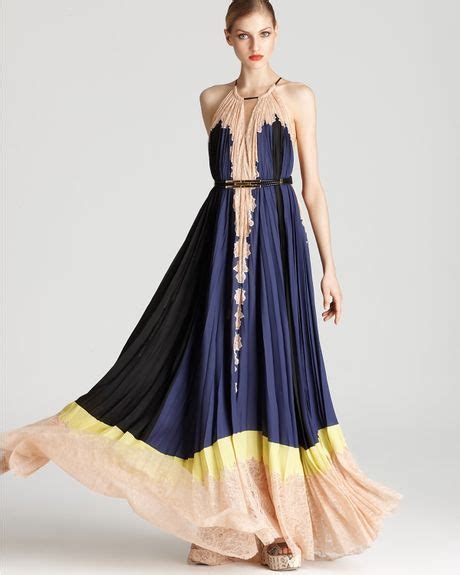 Bcbgmaxazria Pleated Color Block Lace Hem Maxi Dress In Blue Blue