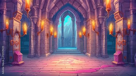 Cartoon Mystical Castle Corridor Illuminated By Glowing Torches Leading