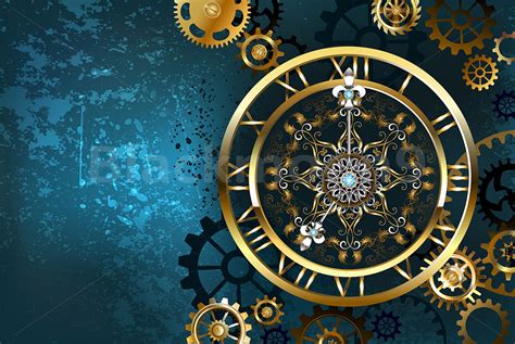 Golden Clock On Turquoise Background Steampunk