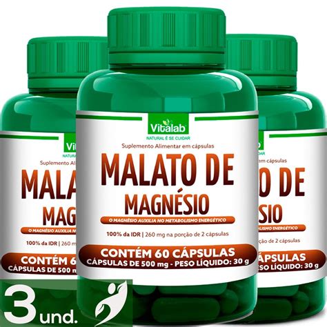 Kit 3 Malato de Magnésio Vitalab 500Mg 60 Cápsulas Kit 3 Malato de