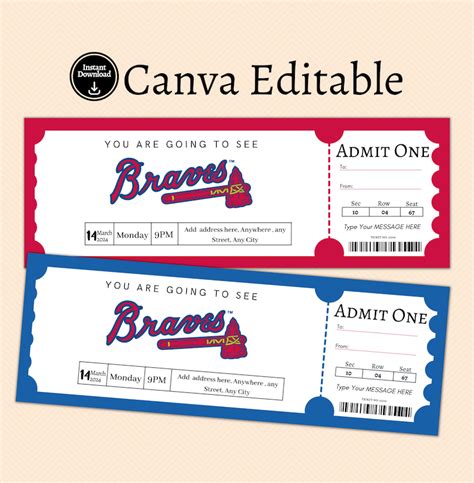 Atlanta Braves Ticket Gift Template, Baseball Ticket, Ticket Template ...