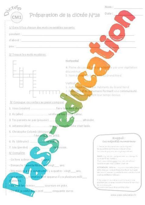 Verbe Du 3ème Groupe Au Passé Composé Adjectifs Numéraux Dictée Préparée A Trous Cm1